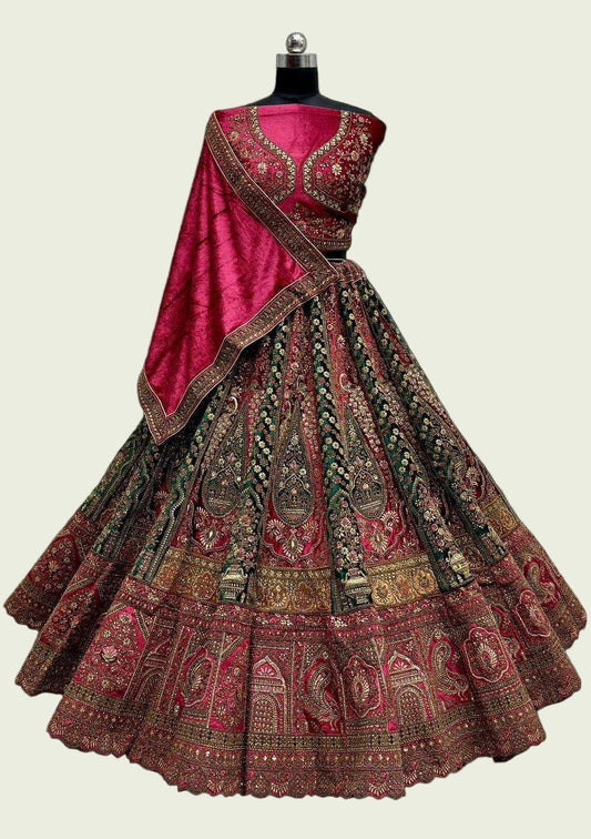 Traditional embroidered lehenga with red dupatta on a black background