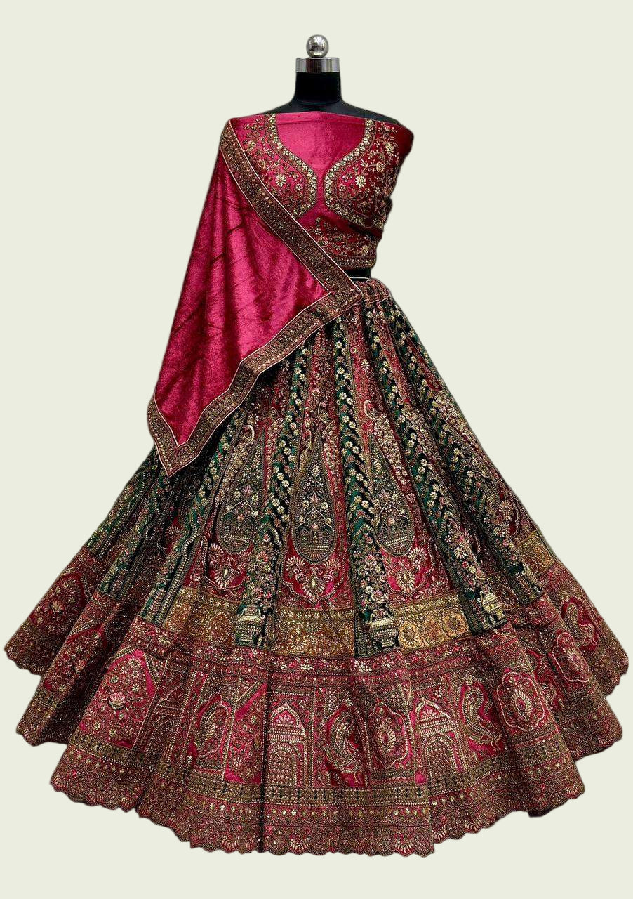 Traditional embroidered lehenga with red dupatta on a black background