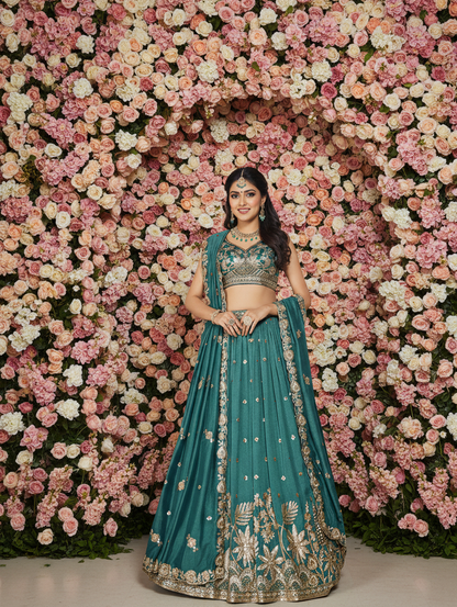 Woman in a teal traditional outfit standing against a floral wall.