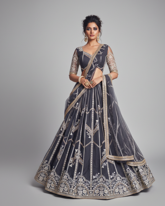 Woman wearing a dark blue embroidered traditional outfit with a gray background