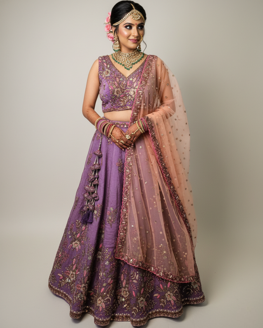 Woman wearing a traditional purple and pink embroidered outfit with jewelry on a plain background